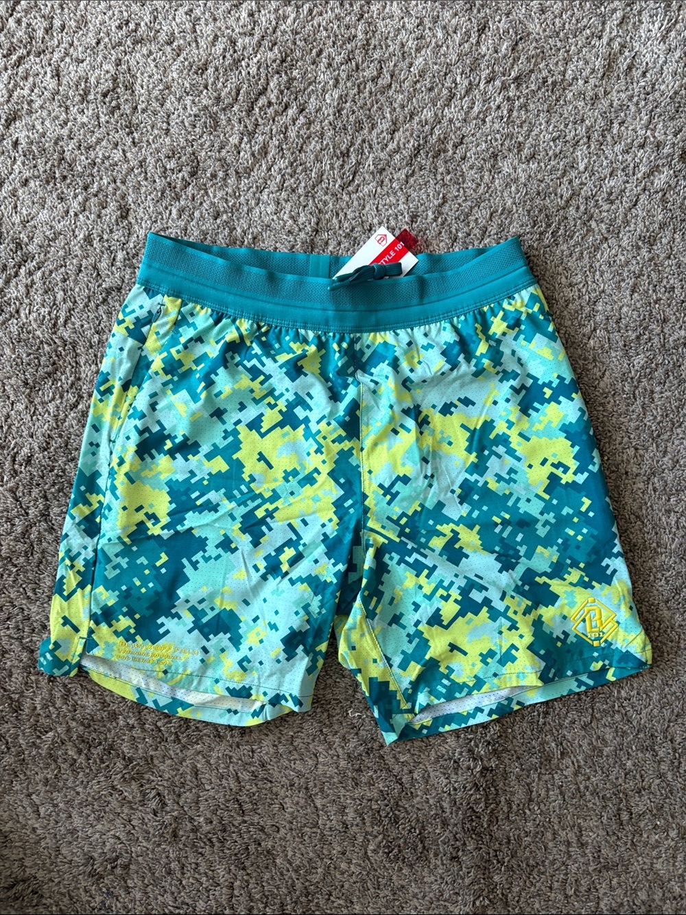 Men's Athletic Shorts - Teal & Lime Pixel Camo